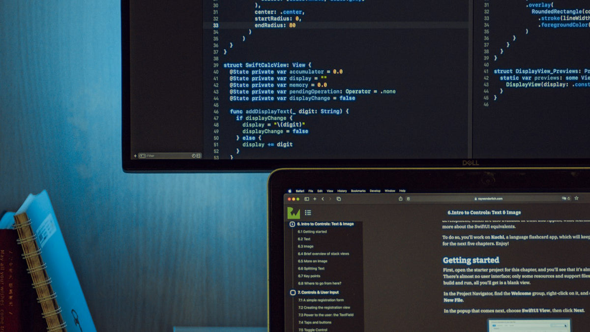 Computer monitor and laptop showing code for website security