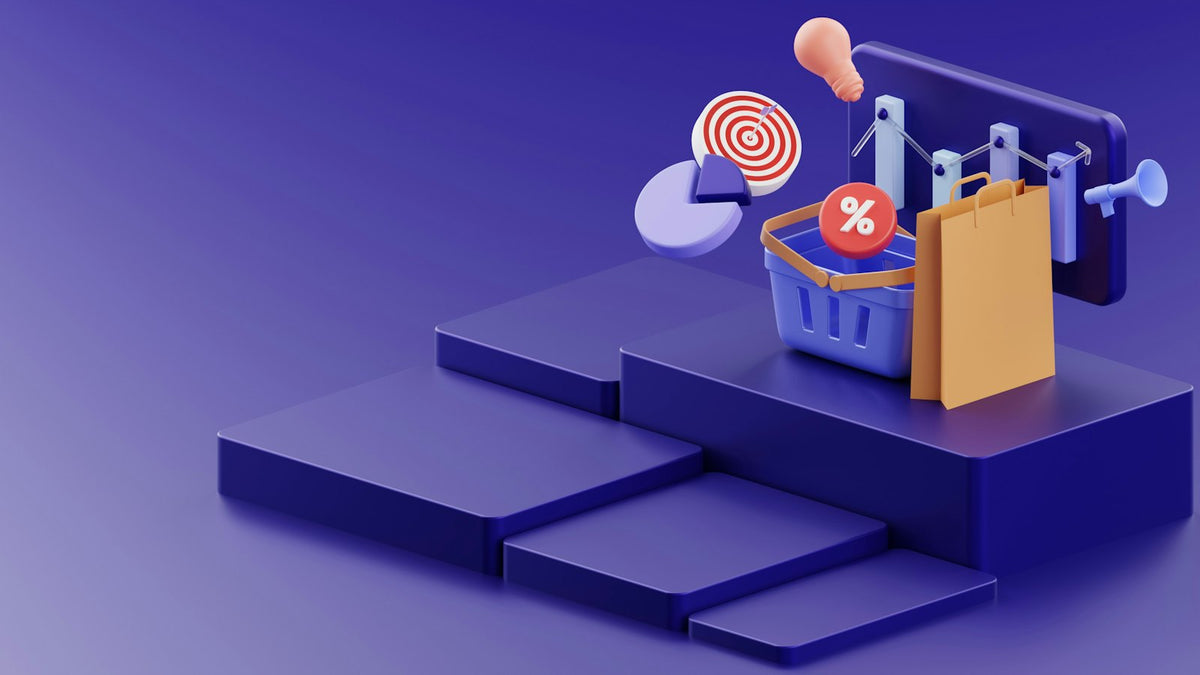 Shopping basket and target graphic representing website launch marketing